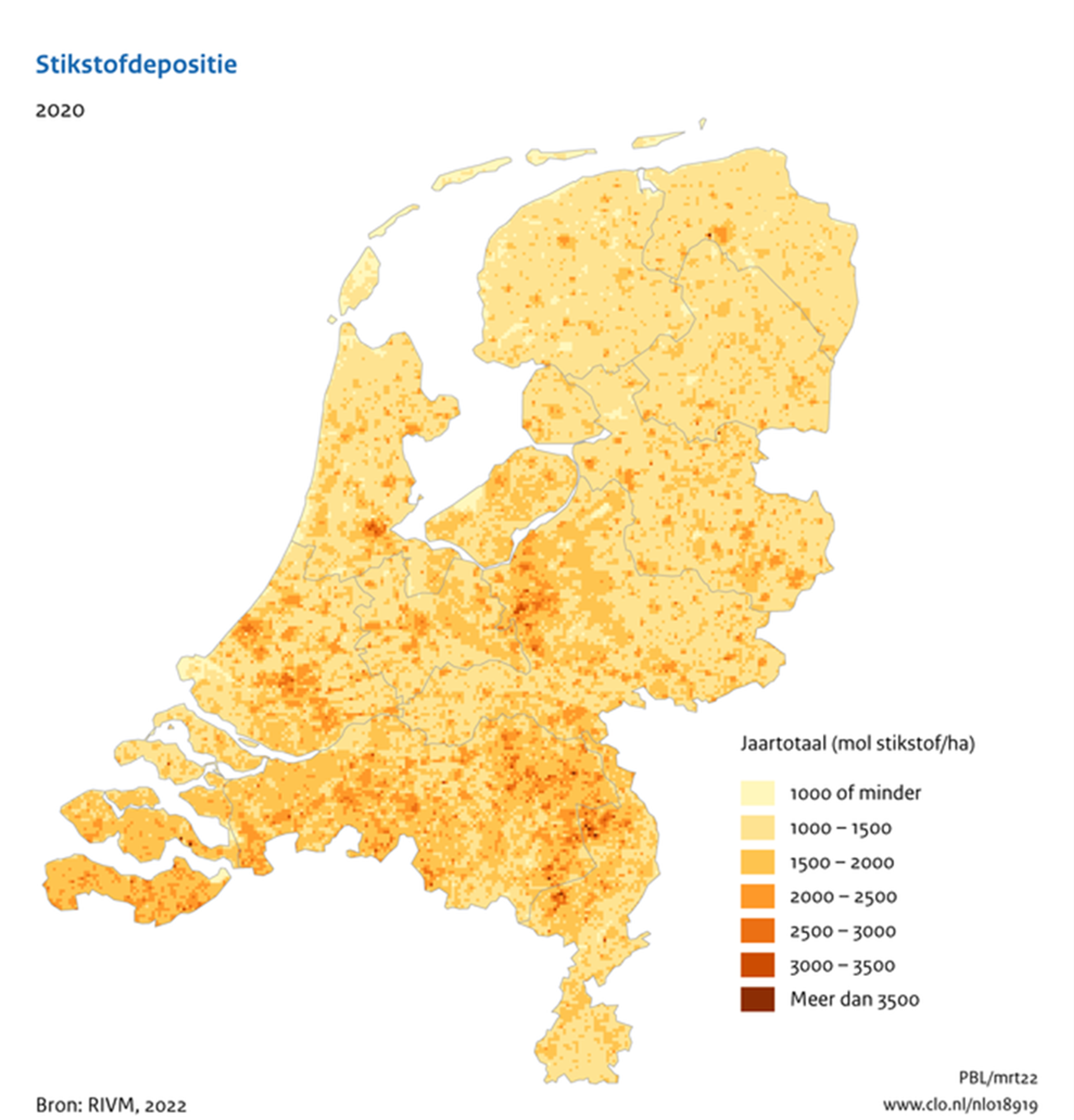 Kaart van het RIVM met de hoeveelheid mol stikstof per hectare. Deze is hoog in delen van Gelderland, Noord-Brabant en Noord-Limburg.