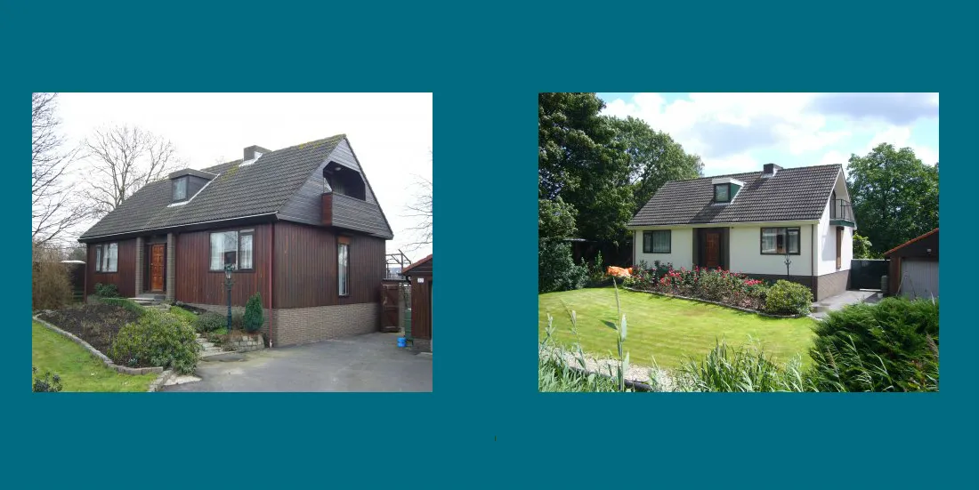 Afbeelding 1 van twee vrijstaande huizen. Gevelisolatie voor en na.