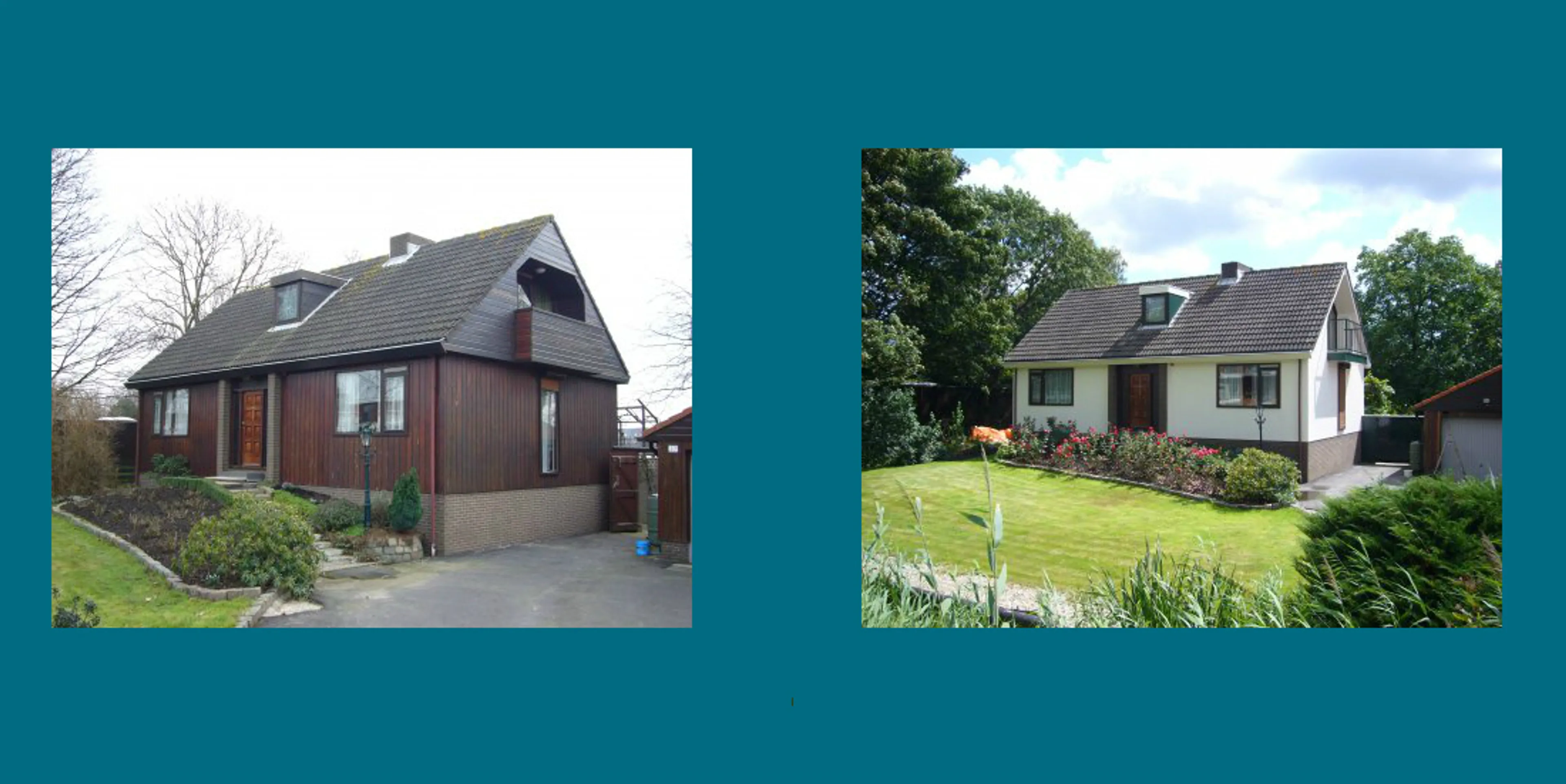 Afbeelding 1 van twee vrijstaande huizen. Gevelisolatie voor en na.
