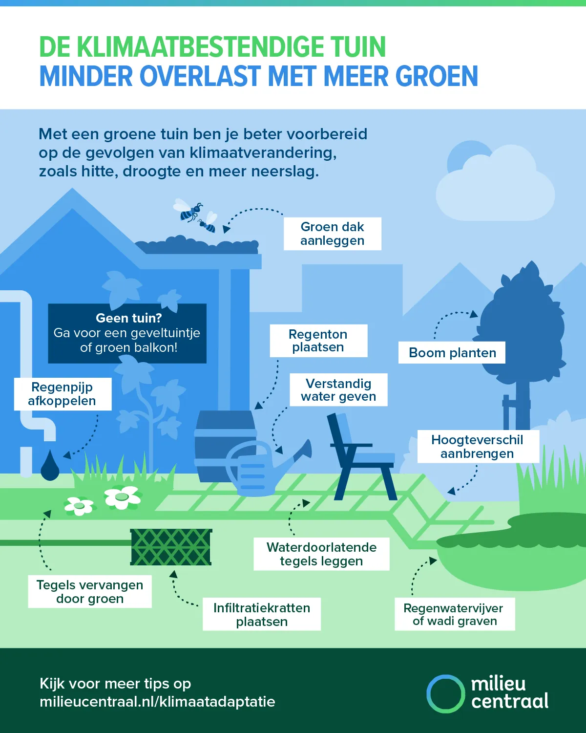 Infographic over klimaatadaptatie, met maatregelen voor een klimaatbestendige tuin. Vervang tegels door groen, plaats infiltratiekratten, plaats een regenton, neem een groen dak en plant bomen om beter voorbereid te zijn op de gevolgen van klimaatverandering.