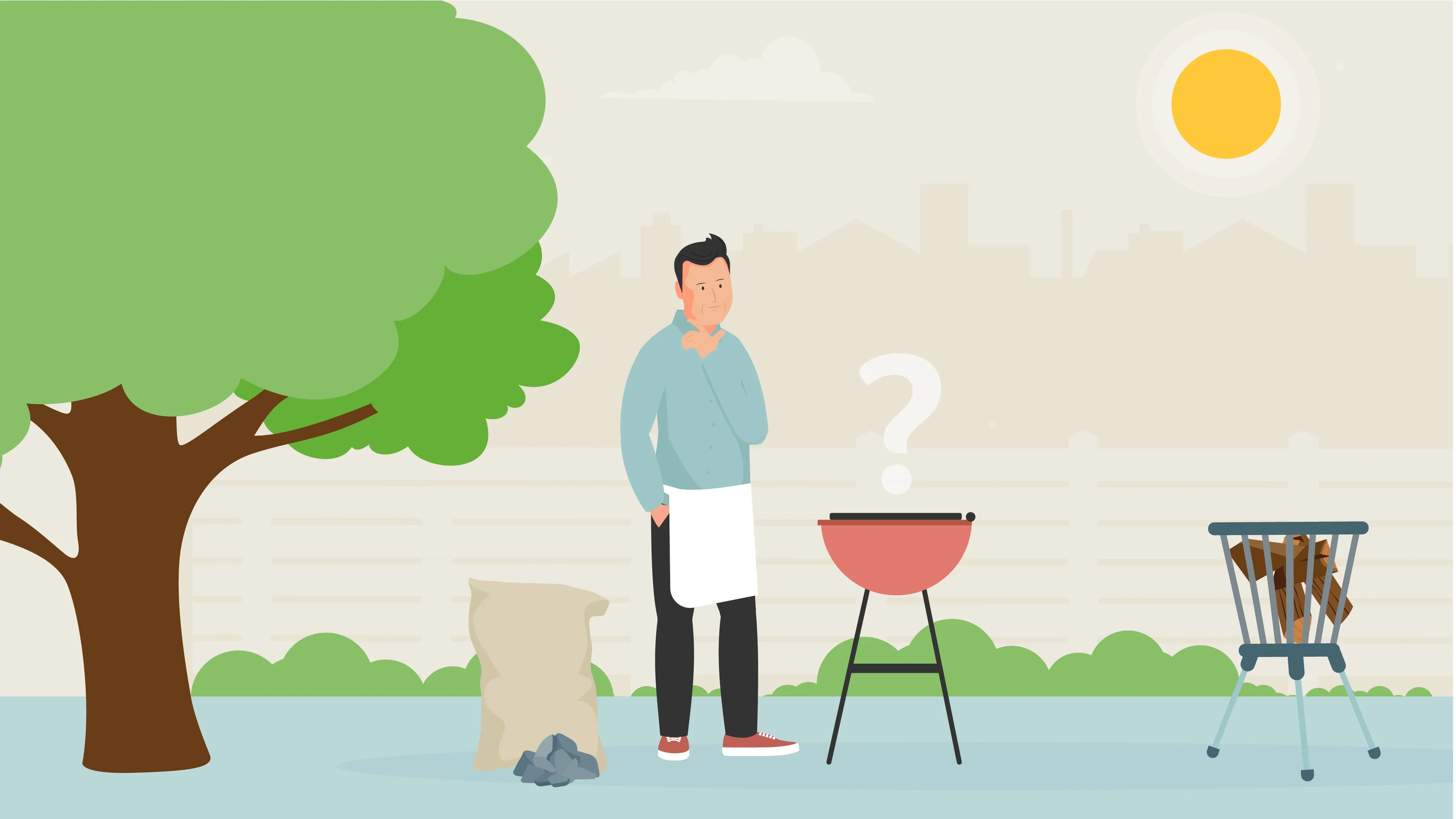 Illustriate van man bij vuurkorf en barbecue.