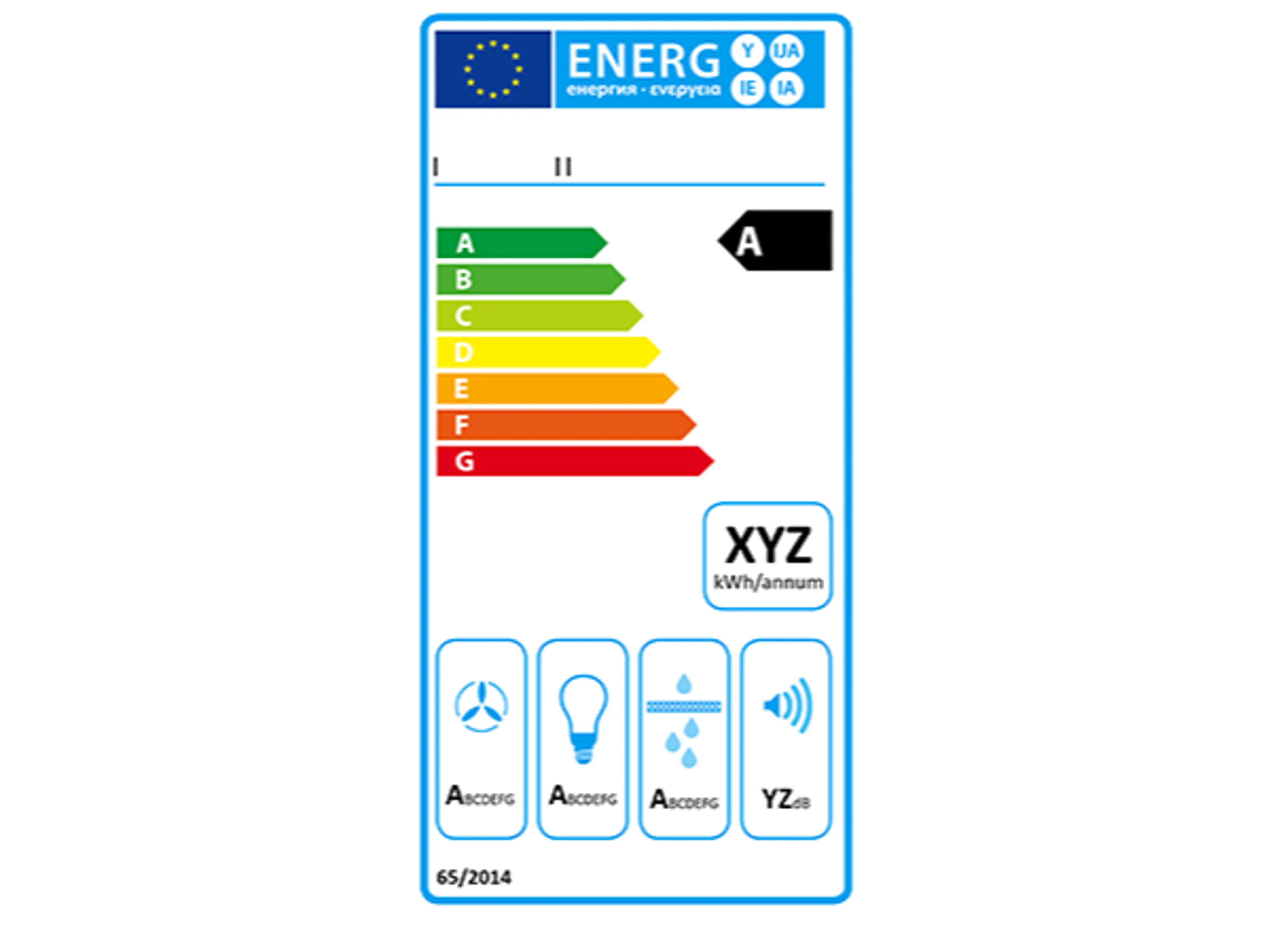 Afbeelding energielabel afzuigkap. Op de pagina staat een toegankelijke uitleg van de afbeelding.