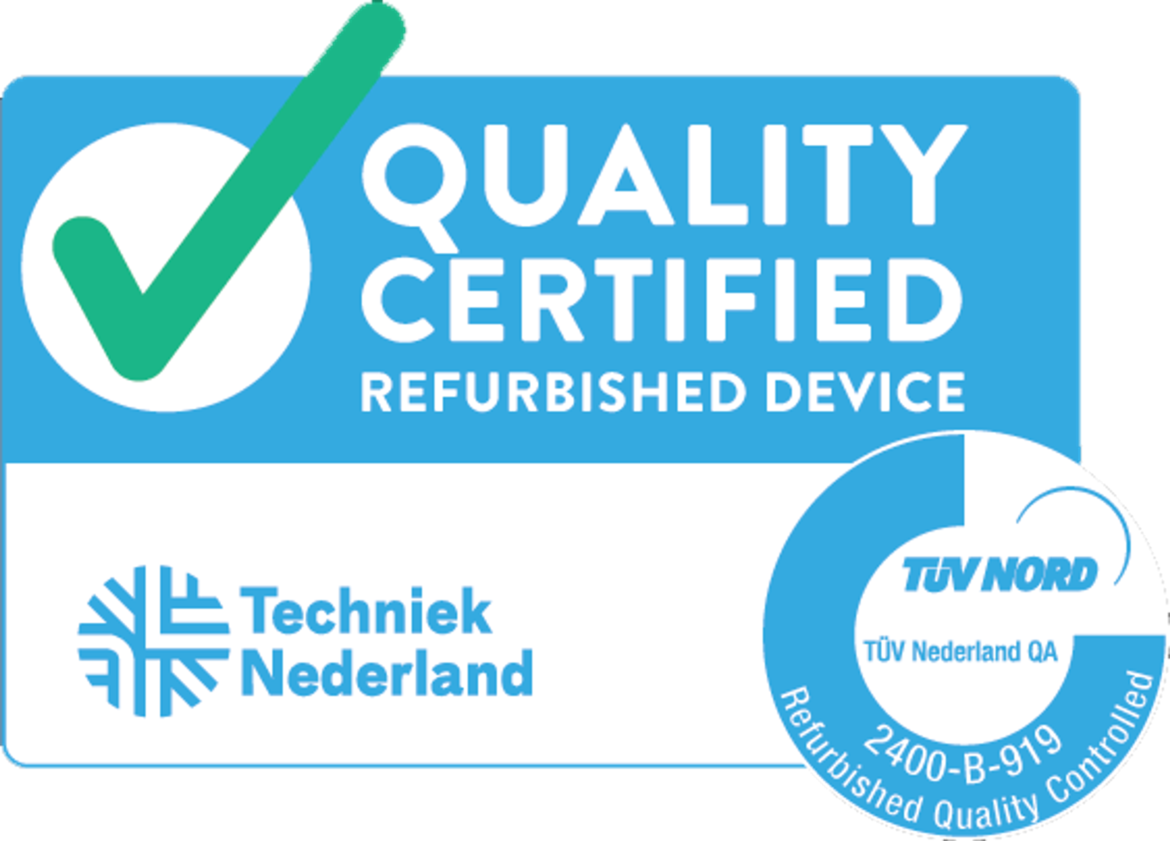 Logo van het keurmerk refurbished. Het logo is een blauw-witte rechthoek met een groen vinkje. Uitgever:  TÜV Nederland.