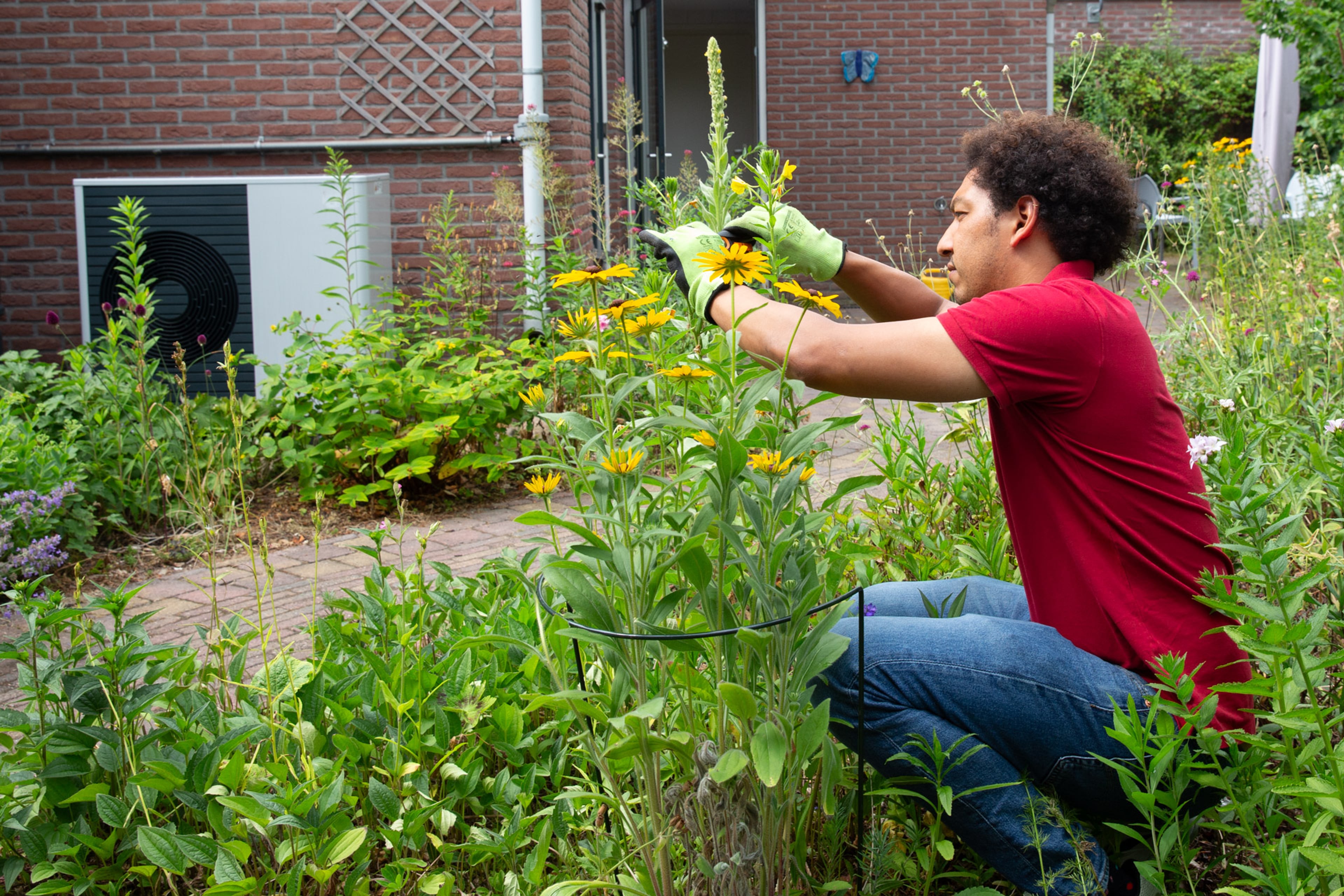 Buitenunit van een warmtepomp. Man met rood shirt knip een bloem in de voorgrond.