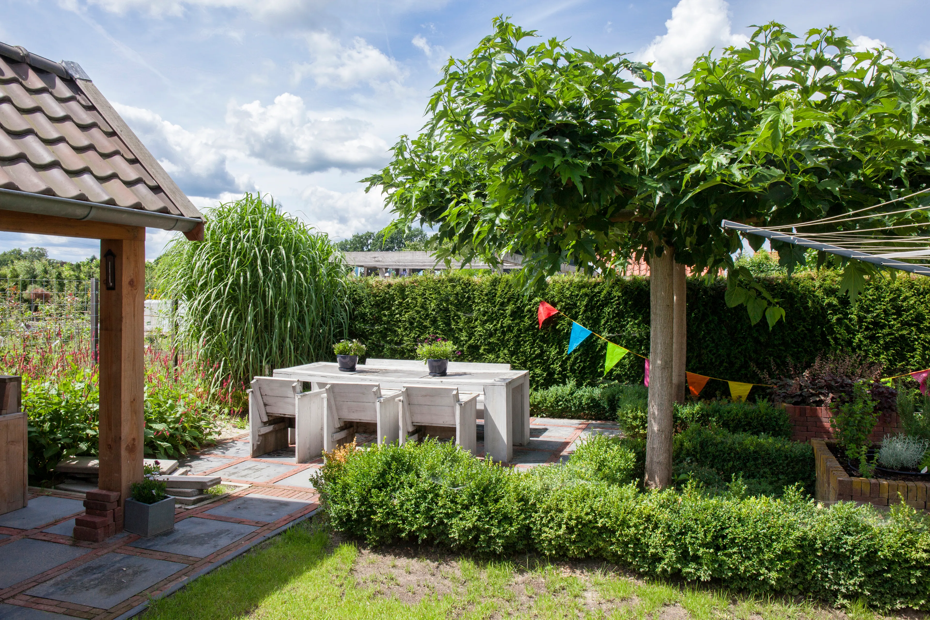 Op de afbeelding zie je een terras in een groene tuin. Op het terras staat een houten tafel met stoelen. Het naast het terras staat een boom die schaduw biedt op het terras.