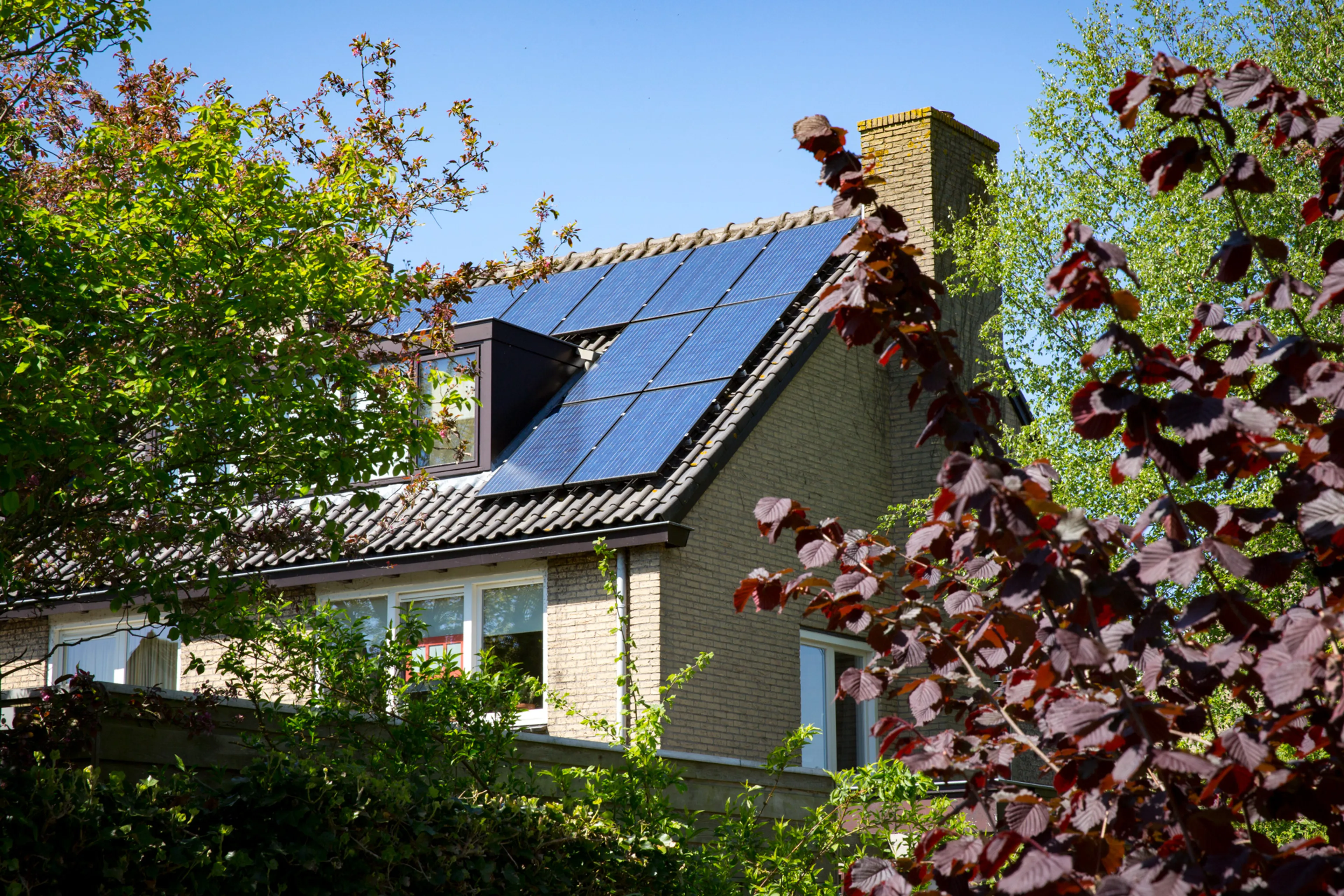 Dak met zonnepanelen. In sommige gemeenten kun je subsidie krijgen voor het kopen van zonnepanelen.