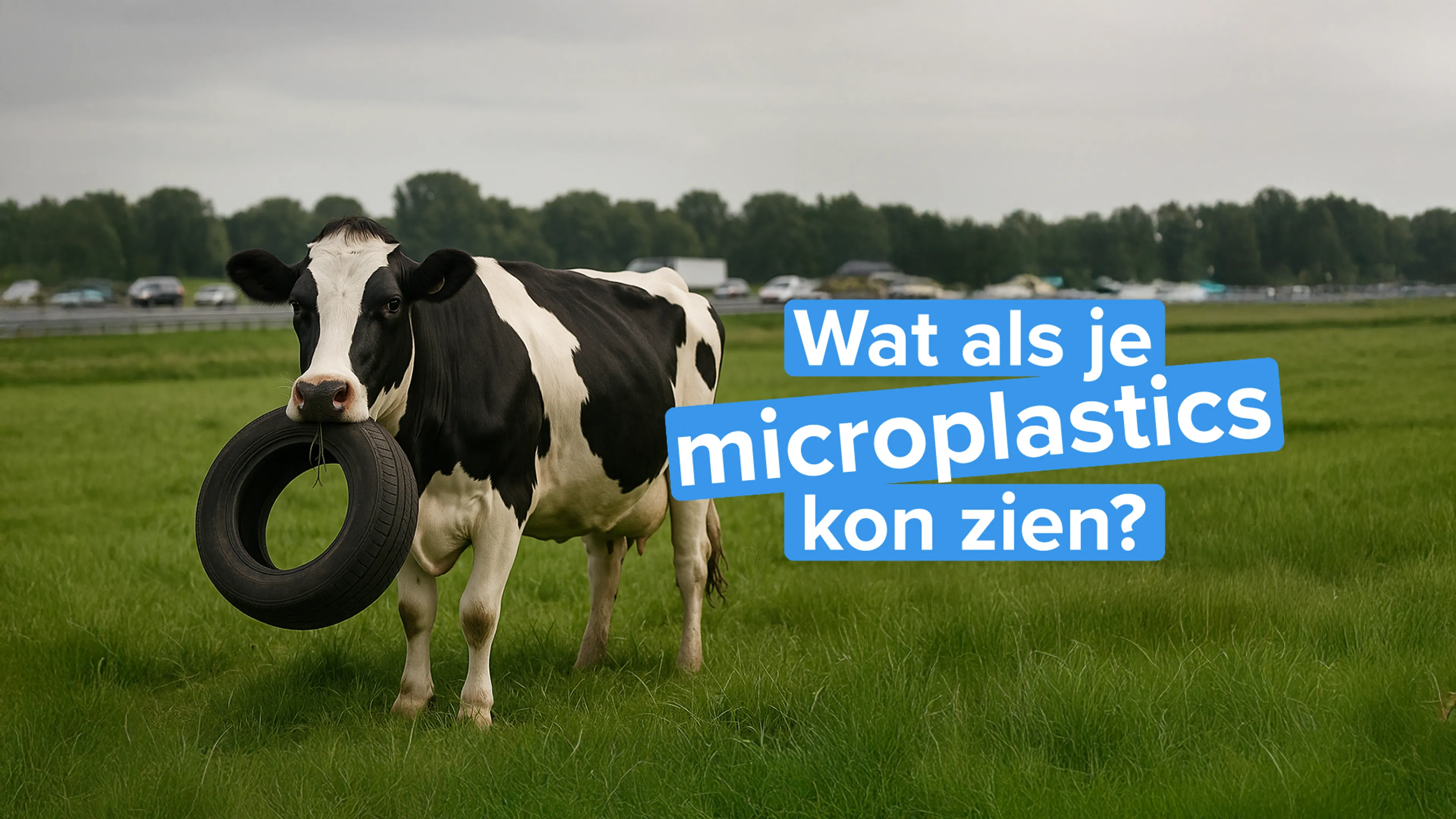 Bewerkte foto van een koe in een weiland met een autoband in zijn bek. Naast de koe staat de tekst 'Wat als je microplastics kon zien?'.