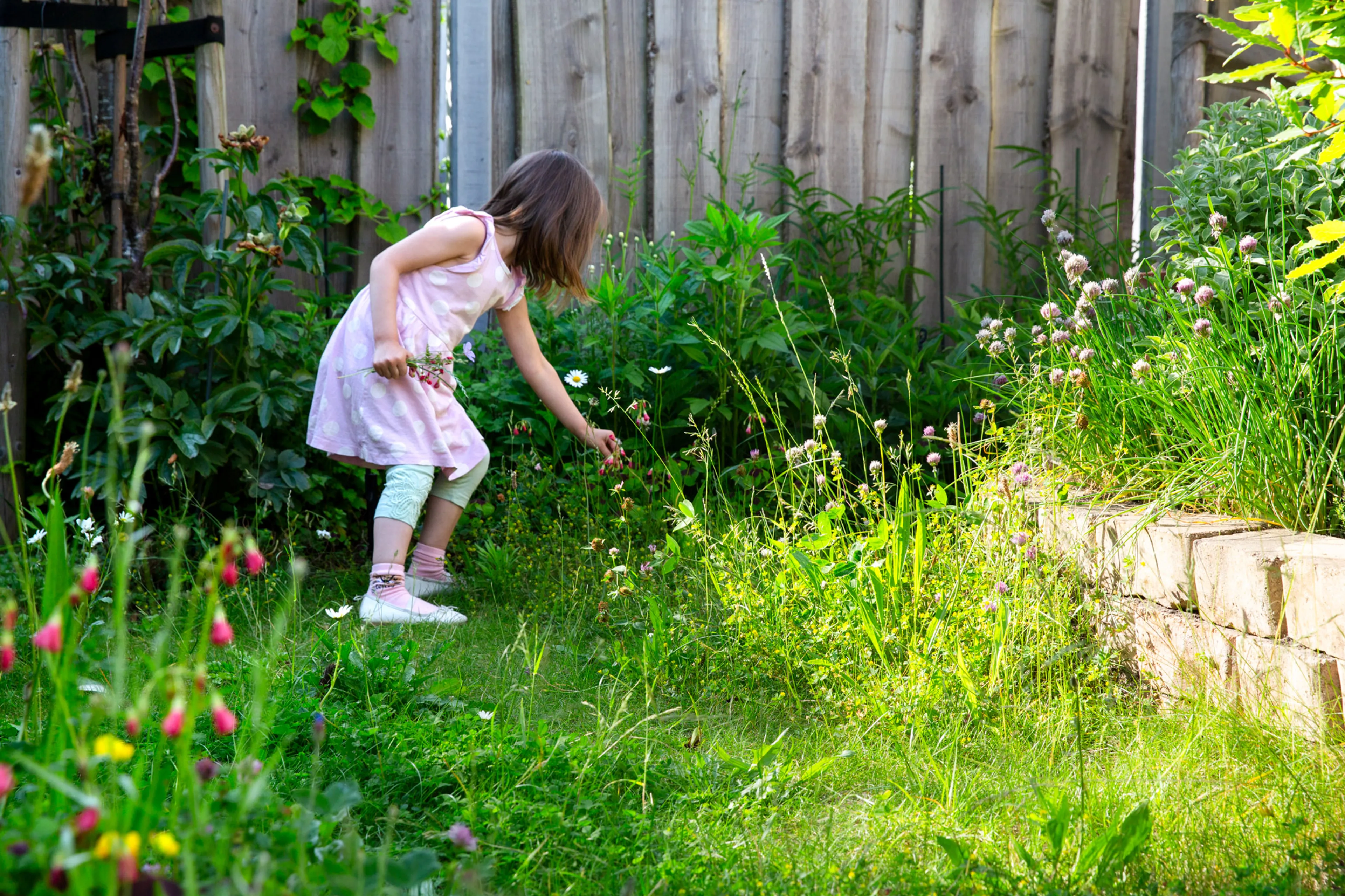 Meisje plukt bloemen in hoog gras