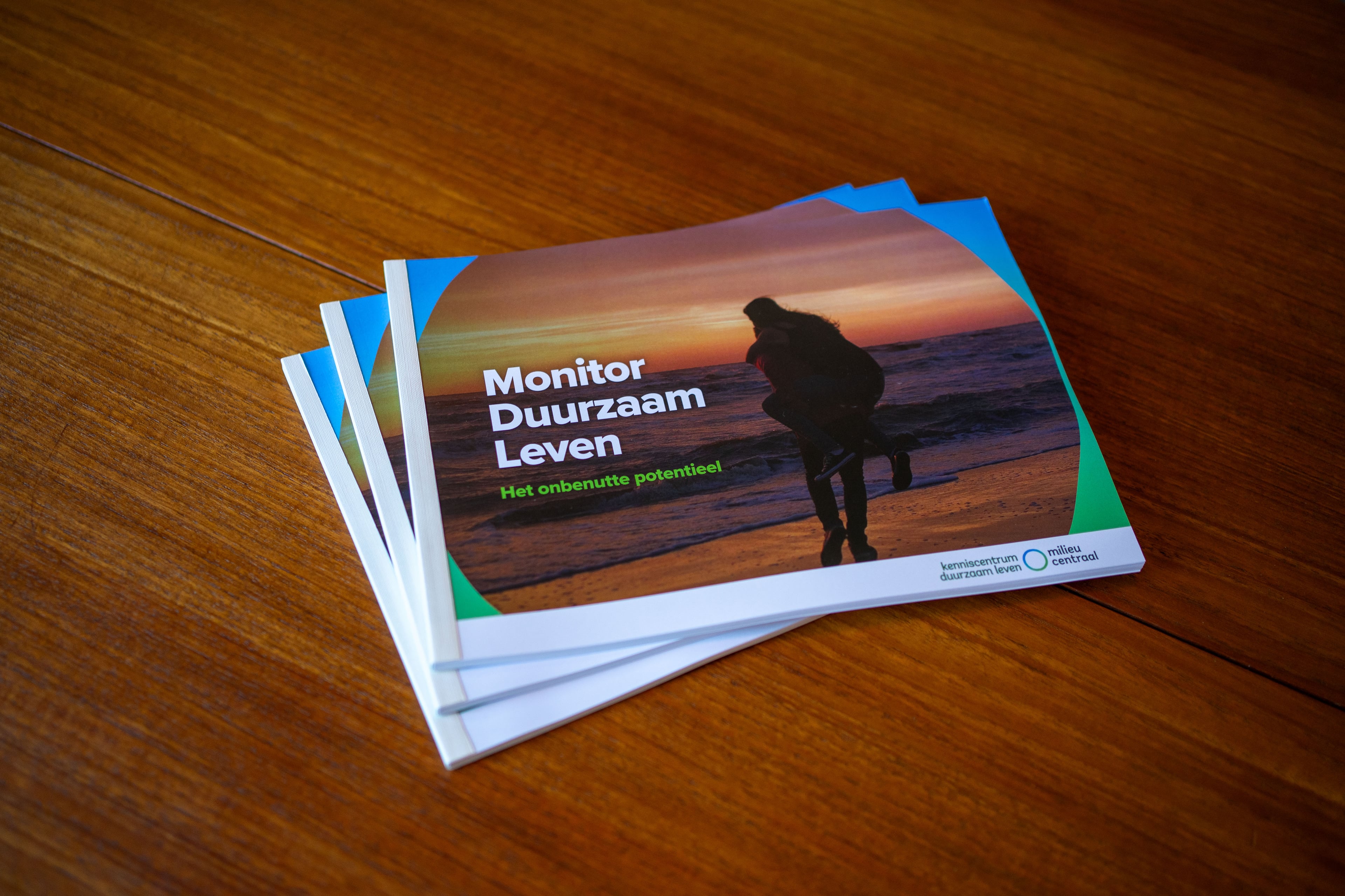 Foto van een stapel geprinte rapporten met als titel: Monitor Duurzaam Leven. De coverfoto is een foto van mensen op het strand in de ondergaande zon.